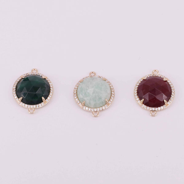 20 MM Gemstone Faceted Round Shape Connector With CZ Gold Plated Edge Amazonite Jewelry Fitting Accesories