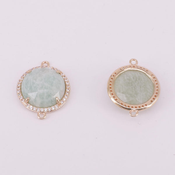 20 MM Gemstone Faceted Round Shape Connector With CZ Gold Plated Edge Amazonite Jewelry Fitting Accesories