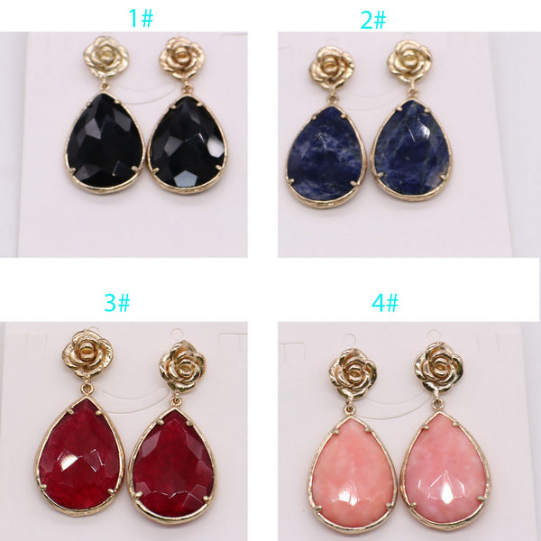 Rose Style Drop Earring Natural Stone Brass Base With Gold Plated