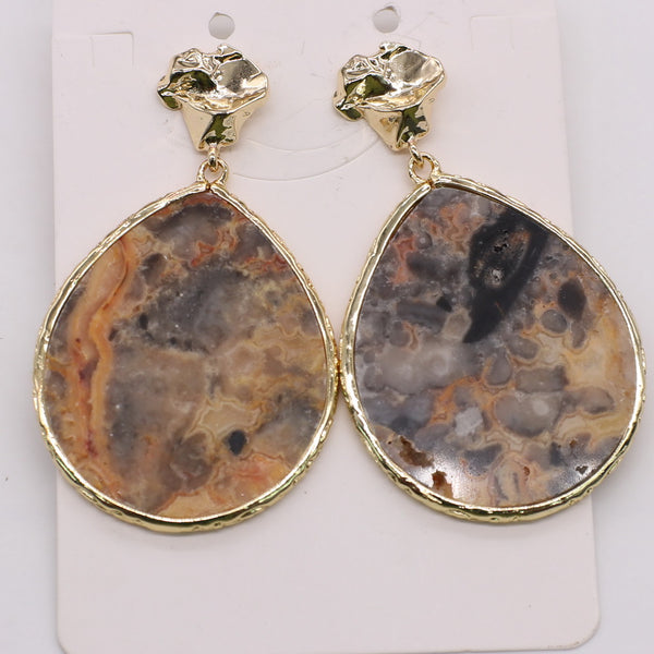 Fashion Simple Drop Earring Stud Natural Stone Slab Pendant Brass Plated For Lady