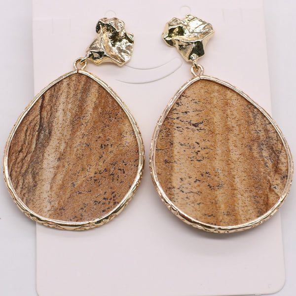 Fashion Simple Drop Earring Stud Natural Stone Slab Pendant Brass Plated For Lady