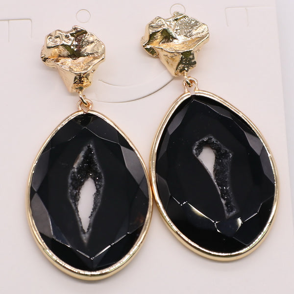 Fashion Simple Drop Earring Stud Natural Druzy Agate Pendant Brass Plated For Lady