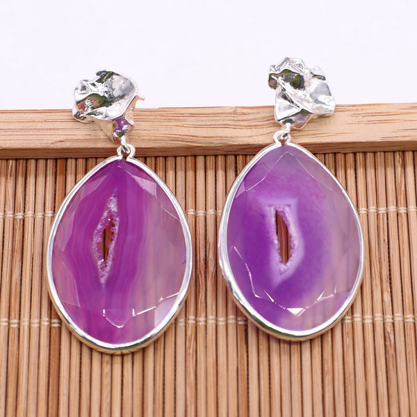 Fashion Simple Drop Earring Stud Natural Druzy Agate Pendant Brass Plated For Lady